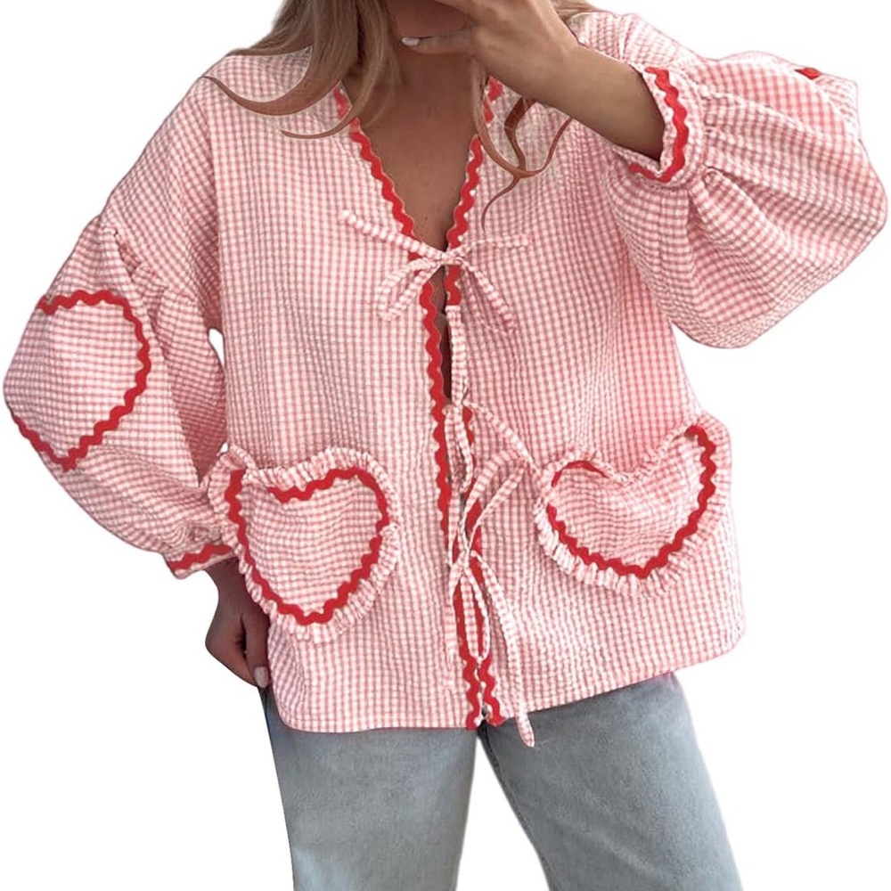 Woman’s Pink Tie Front |Puff long sleeve | Casual Shirt | Heart Pockets| Medium - Picture 10 of 10